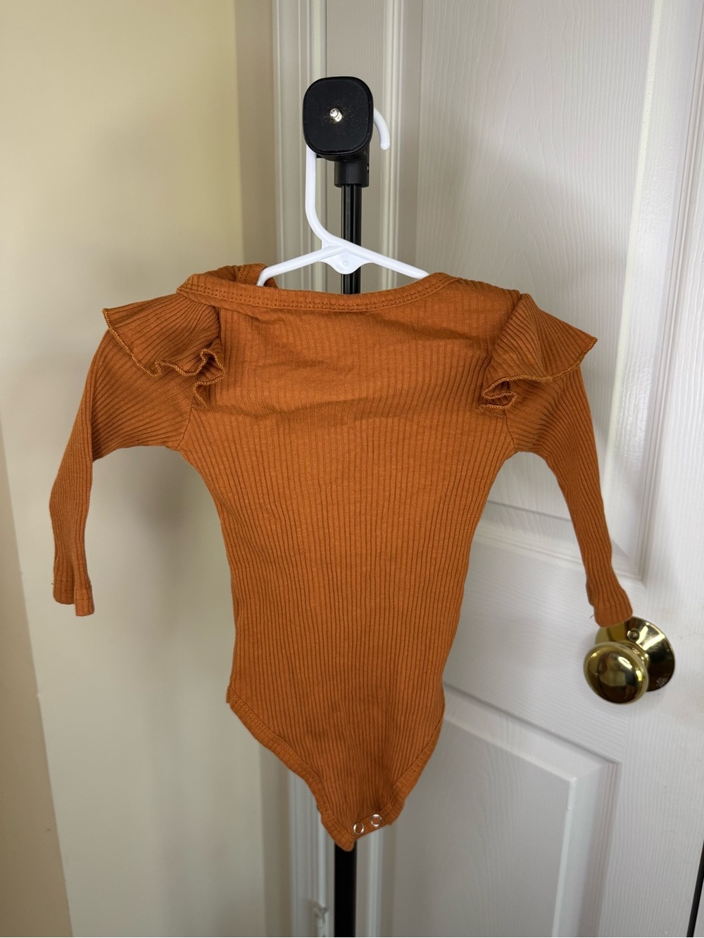 Rust Ribbed Long-Sleeve One-Piece with Ruffle Accents - Picture 2 of 2